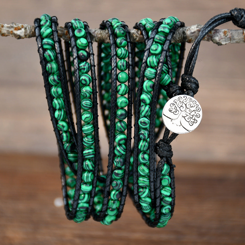 Wholesale Green Malachite Hand Woven 5 Turns Wrapped Bracelet